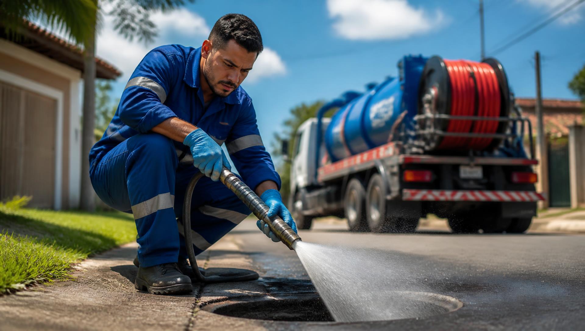 Técnico da Desentupidora Renovação usando equipamento de desentupimento